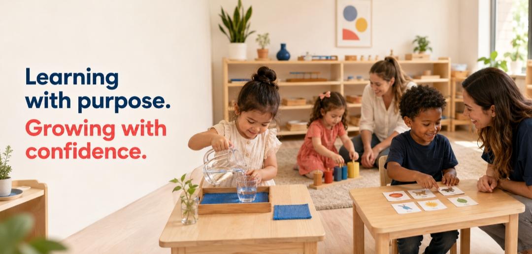 Learning with purpose. Growing with confidence. — children and educators in a Montessori-style classroom