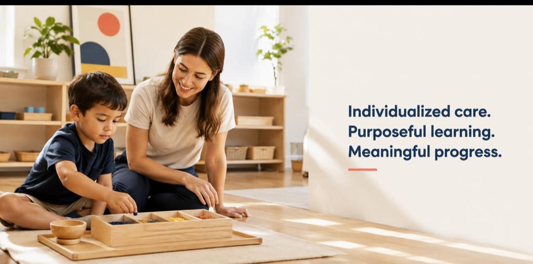 Individualized care. Purposeful learning. Meaningful progress. — educator and child working with a Montessori tray