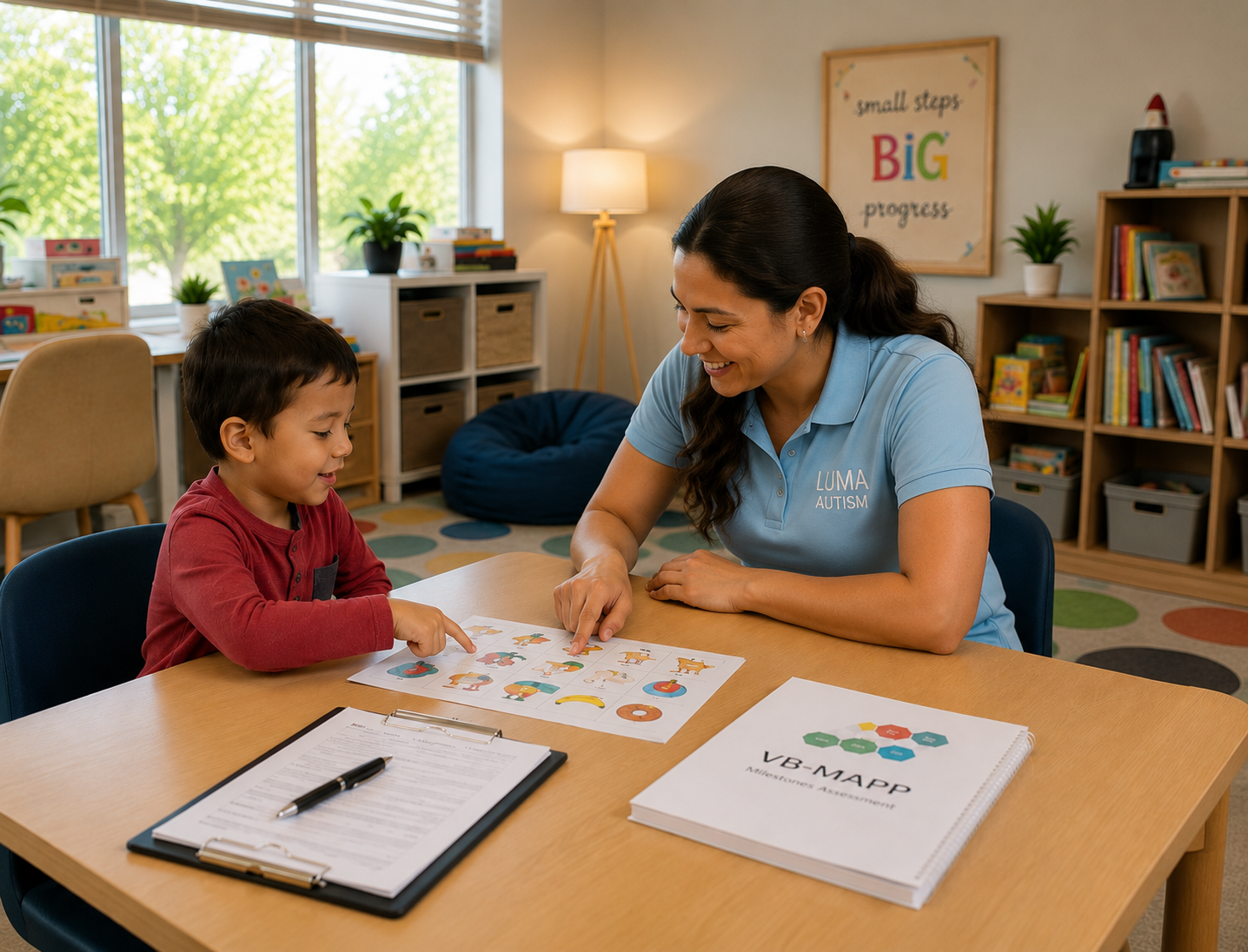 Clinician and child completing an assessment activity together at a table.